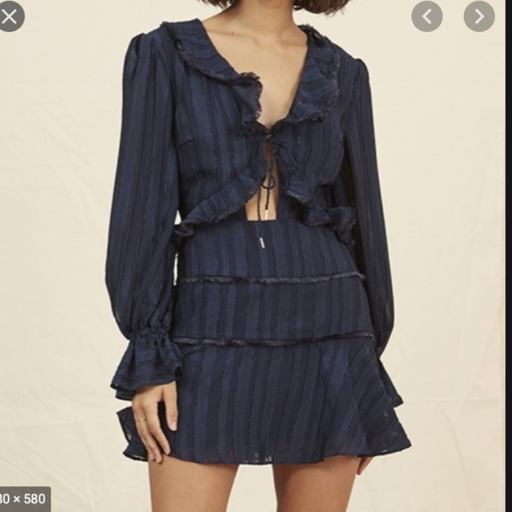 Finders Keeper Blue Long Sleeve Tie-Front Dress